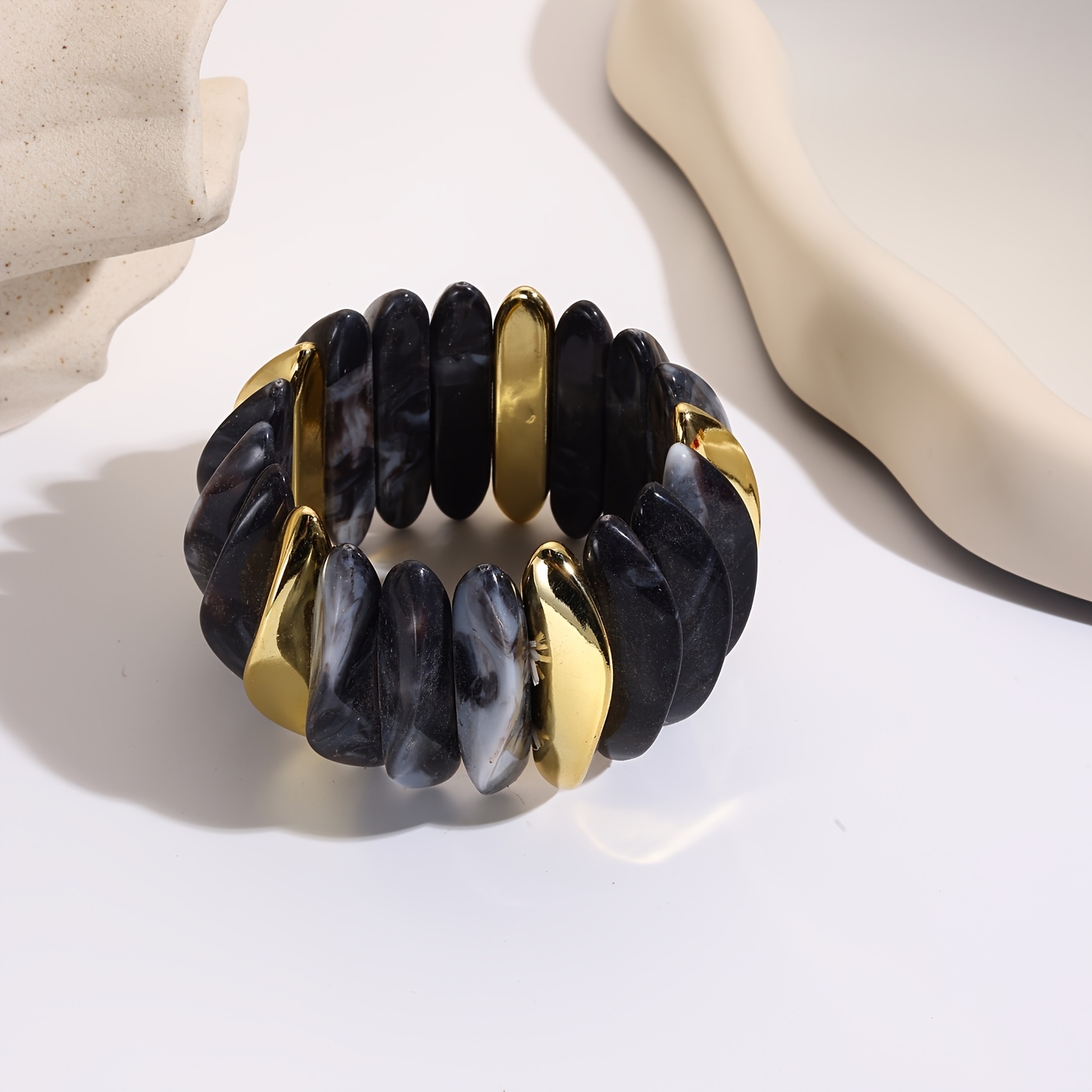 Women's Vintage Amber Pattern Resin Stretch Bangle, Stackable Bracelet